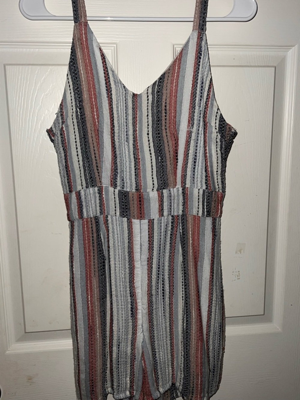 Striped Sleeveless V-Neck Women’s Romper with pockets in White, Rust & Black